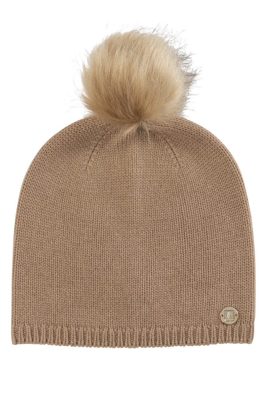 3081 Cashmere Blend Jersey Hat with Shearling Pom Pom Camel
